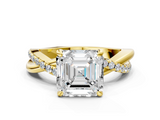 Yellow gold Asscher Cut Twist Band Solitaire Diamond Ring with Pavé Setting_3