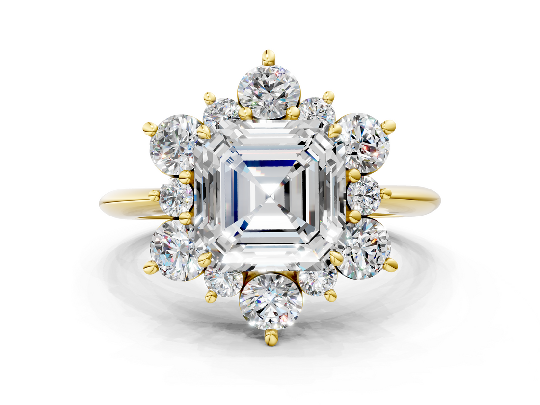 Yellow gold Asscher Diamond Cluster Halo Ring with Solitaire Band and Four-Prong Setting_6