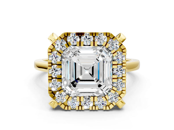 Yellow gold Asscher Diamond Cluster Halo Solitaire with Four-Prong Setting