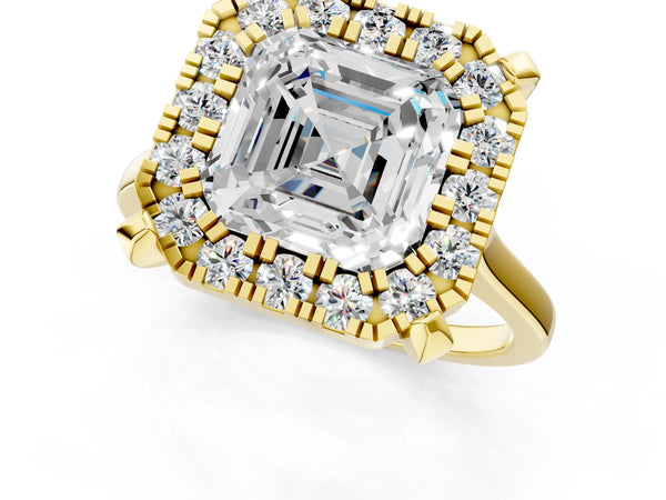 Yellow gold Asscher Diamond Cluster Halo Solitaire with Four-Prong Setting
