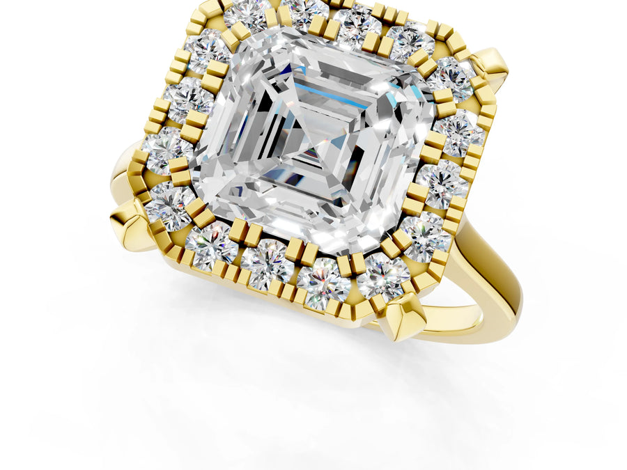 Yellow gold Asscher Diamond Cluster Halo Solitaire with Four-Prong Setting
