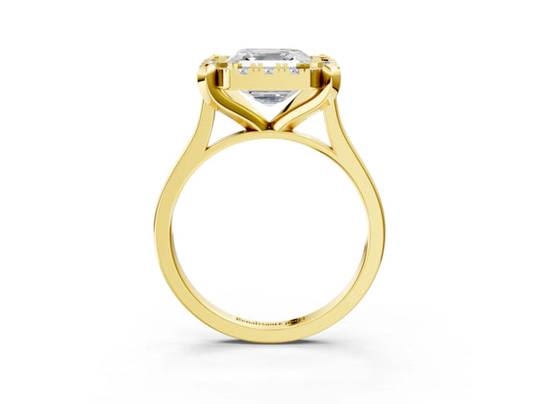 Yellow gold Asscher Diamond Cluster Halo Solitaire with Four-Prong Setting