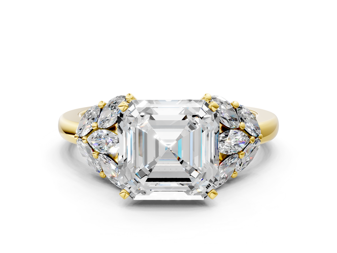 Yellow gold Asscher Diamond Cluster Leaf Design Ring with Prong Setting_88