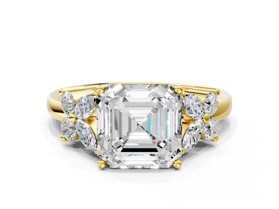Yellow gold Asscher Diamond Floral Cluster Ring with Solitaire Band and Prong Setting_6