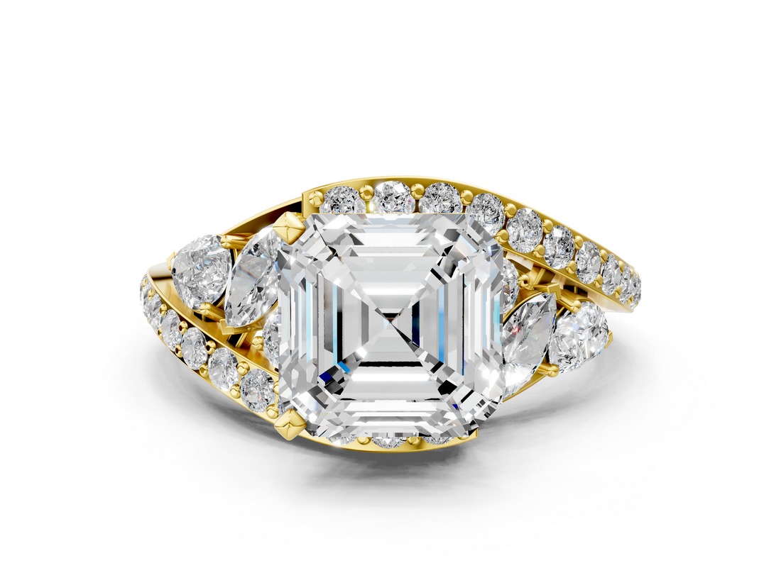 Yellow gold Asscher Diamond Halo Ring with Marquise and Pavé Band in Prong Setting_22