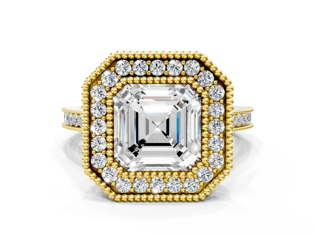 Yellow gold Asscher Diamond Halo Ring with Milgrain Frame and Pavé Band_95