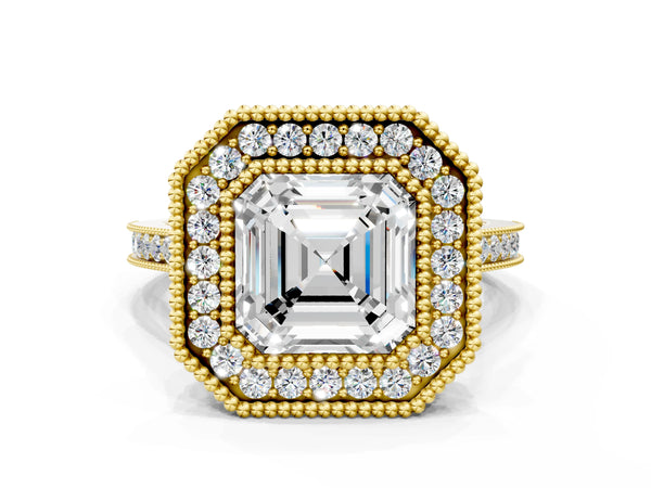 Yellow gold Asscher Diamond Halo Ring with Milgrain Frame and Pavé Band