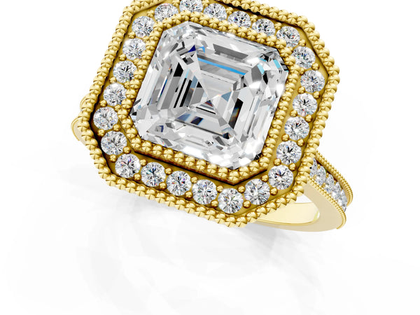 Yellow gold Asscher Diamond Halo Ring with Milgrain Frame and Pavé Band