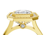 Yellow gold Asscher Diamond Halo Ring with Milgrain Frame and Pavé Band_99