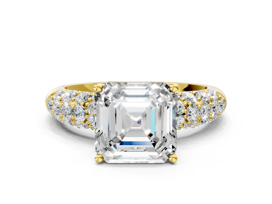 Yellow gold Asscher Diamond Pavé Band Solitaire Ring with Four-Prong Setting_51