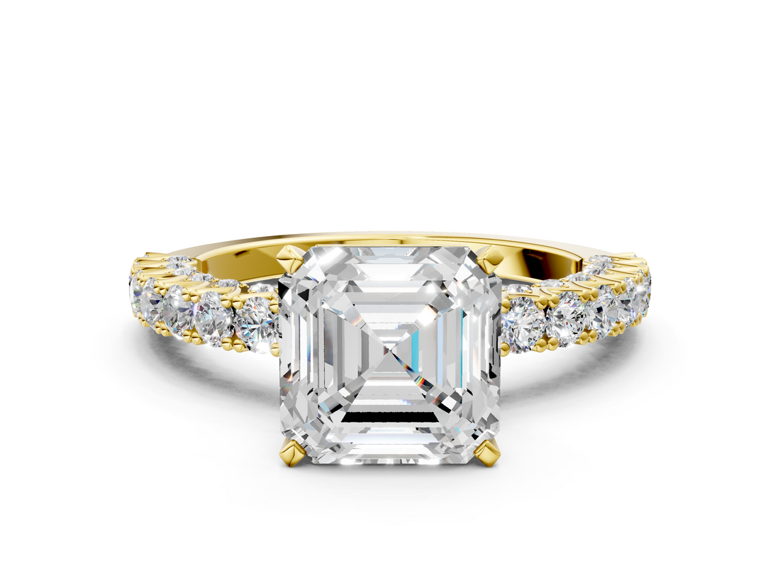 Yellow gold Asscher Diamond Pavé Band Solitaire Ring with Four-Prong Setting_7