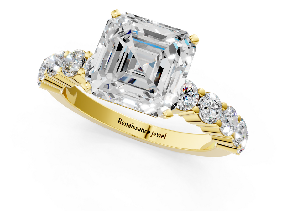 Yellow gold Asscher Diamond Solitaire Ring with Shared Prong Round Side Stones