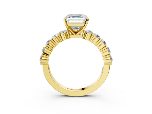 Yellow gold Asscher Diamond Solitaire Ring with Shared Prong Round Side Stones