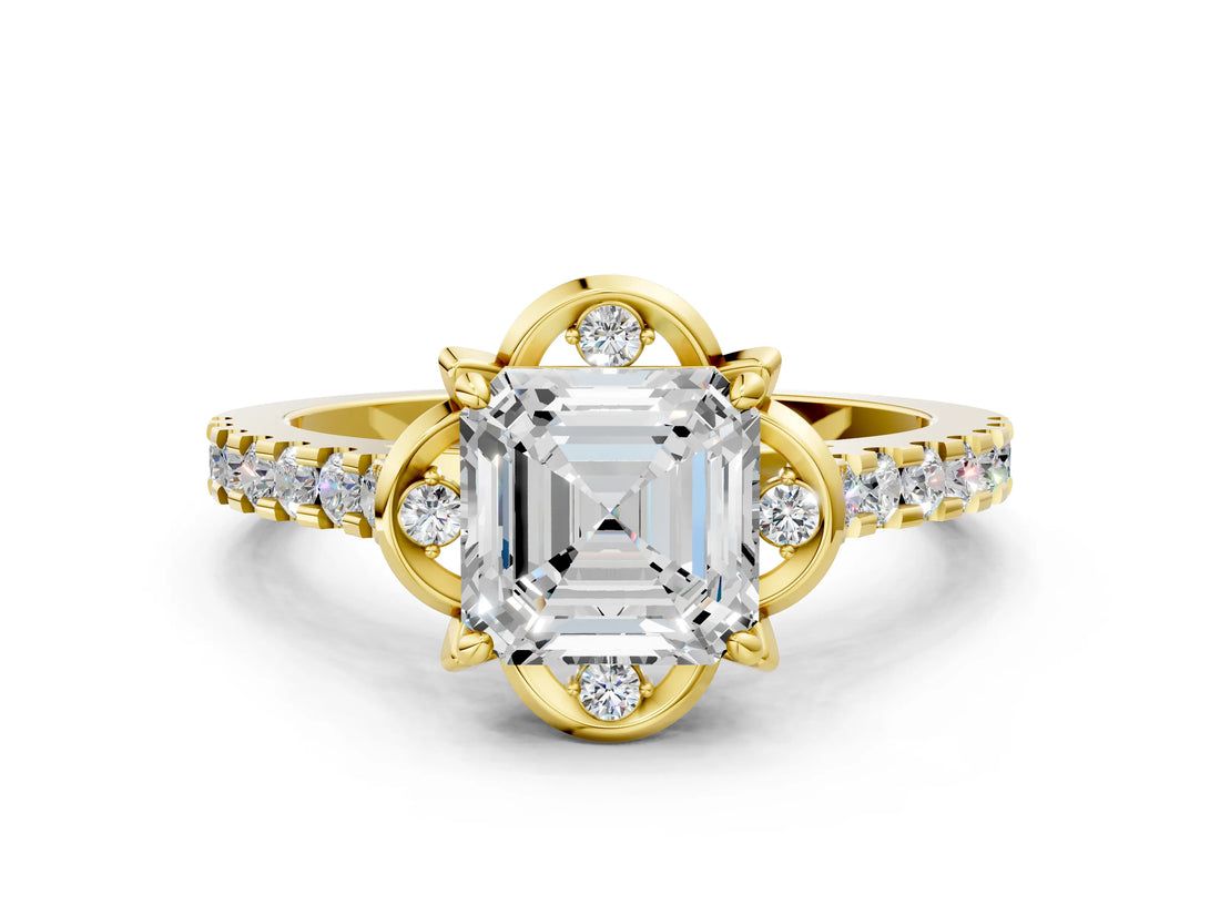 Yellow gold Asscher Diamond Pave Band with Floral Prong Setting_27