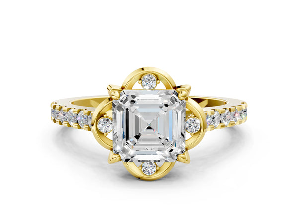 Yellow Gold Asscher Cut Floral Petal Pave Engagement Ring Setting