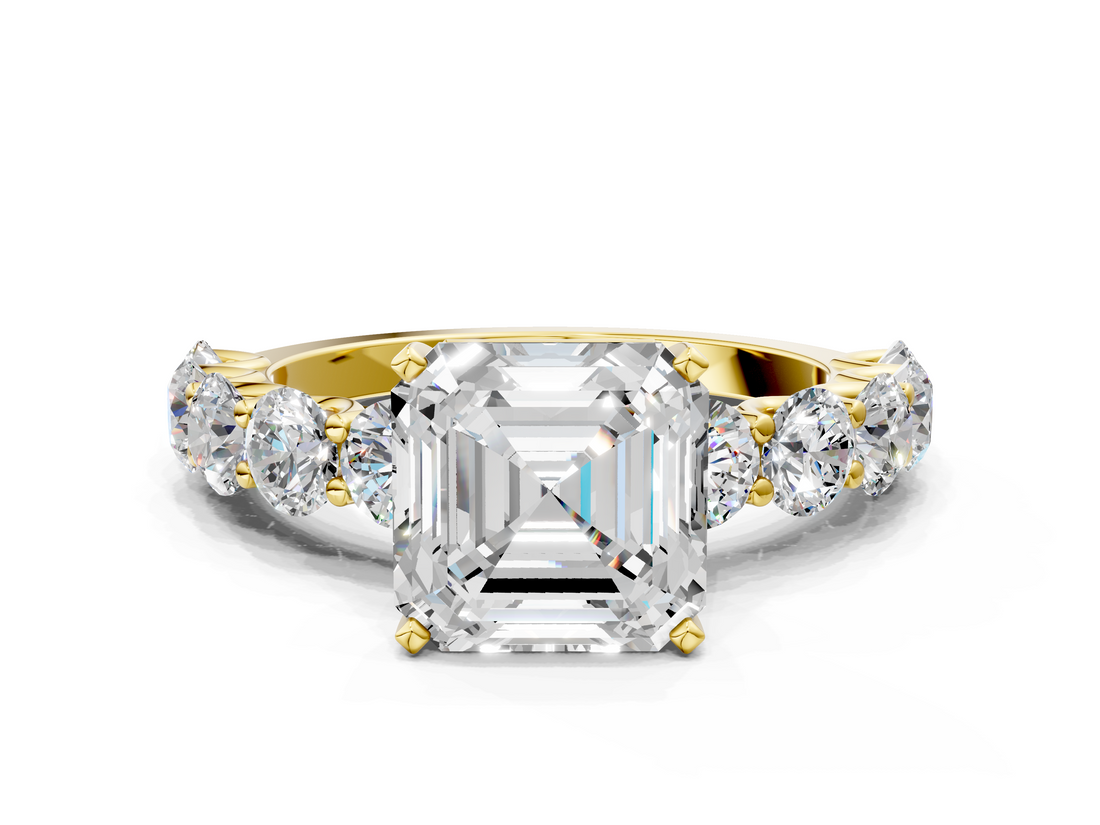 Yellow gold Asscher Diamond Prong Setting with Side Stones on a Pave Band_11