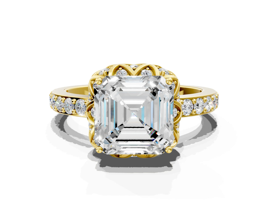 Yellow gold Asscher Diamond Solitaire Ring with Shared Prong Pavé Band_22