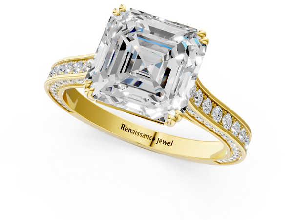 Yellow gold Asscher Diamond Solitaire with Pave Band and Six-Prong Setting