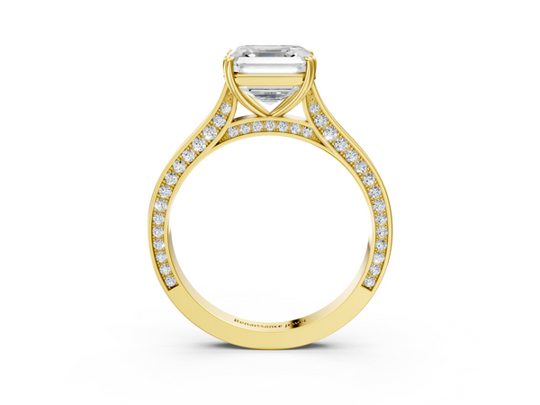Yellow gold Asscher Diamond Solitaire with Pave Band and Six-Prong Setting