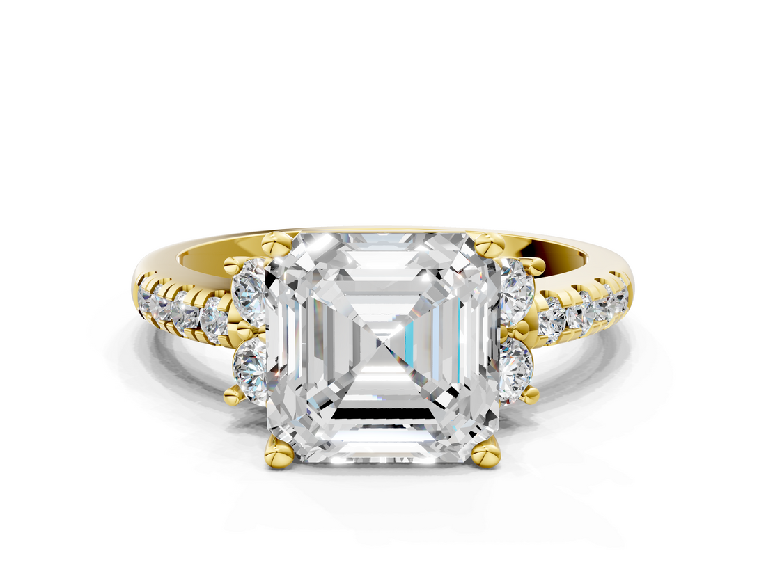 Yellow gold Asscher Diamond Three-Stone Pave Band with Four-Prong Setting_23