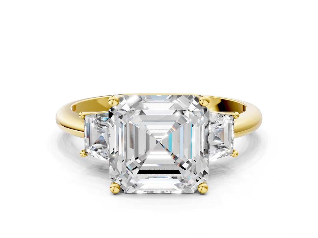 Yellow gold Asscher Diamond Three-Stone Ring with Trapezoid Side Stones and Prong Setting_57