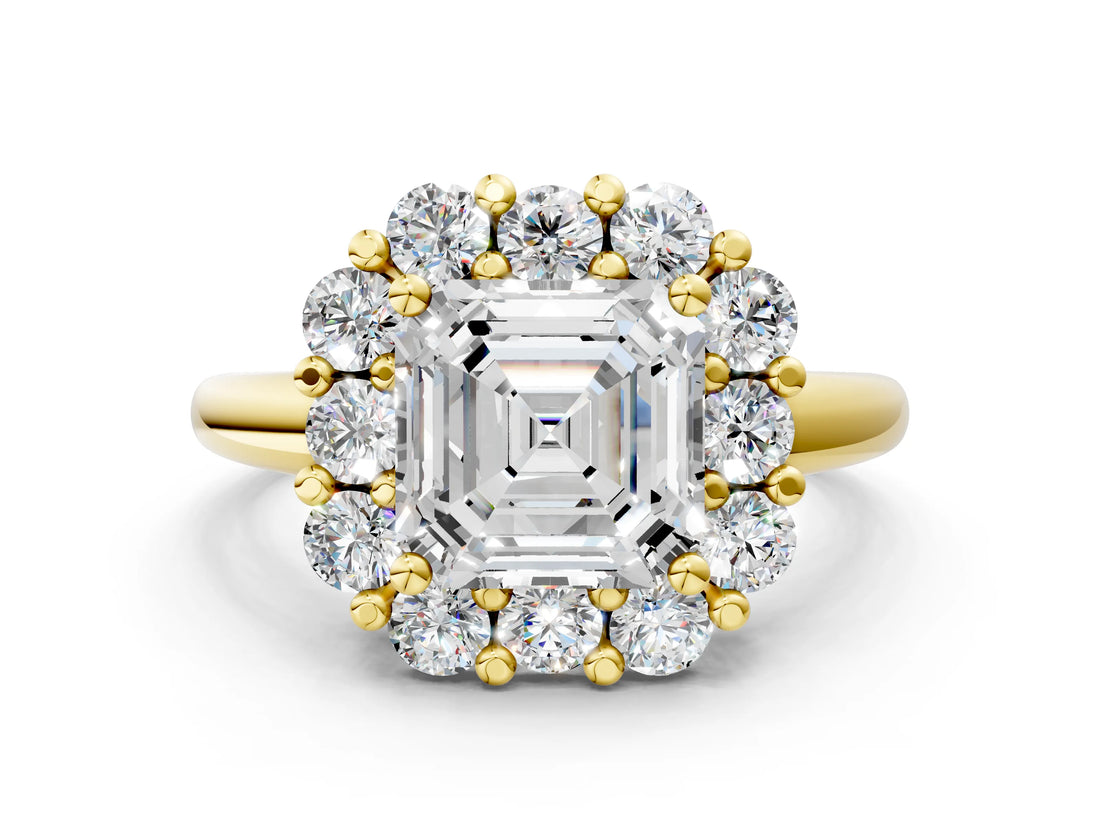 Yellow gold Asscher Halo Cluster Diamond Engagement Ring with Prong Setting and Polished Band_19