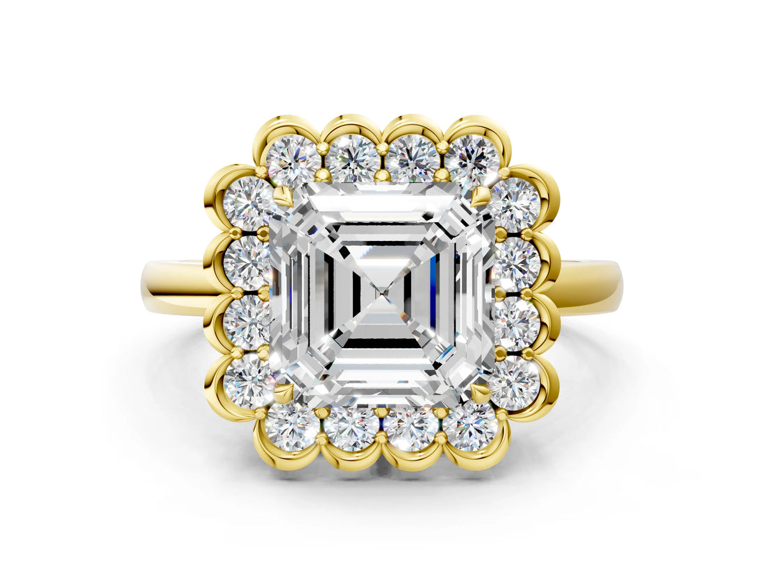 Yellow gold Asscher Halo Cluster Diamond Engagement Ring with Solitaire Band and Prong Setting_35