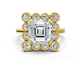 Yellow gold Asscher Halo Diamond Cluster Engagement Ring with Milgrain Bezel Setting and Solitaire Band_75