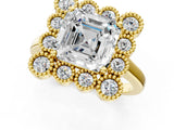 Yellow gold Asscher Halo Diamond Cluster Engagement Ring with Milgrain Bezel Setting and Solitaire Band_76