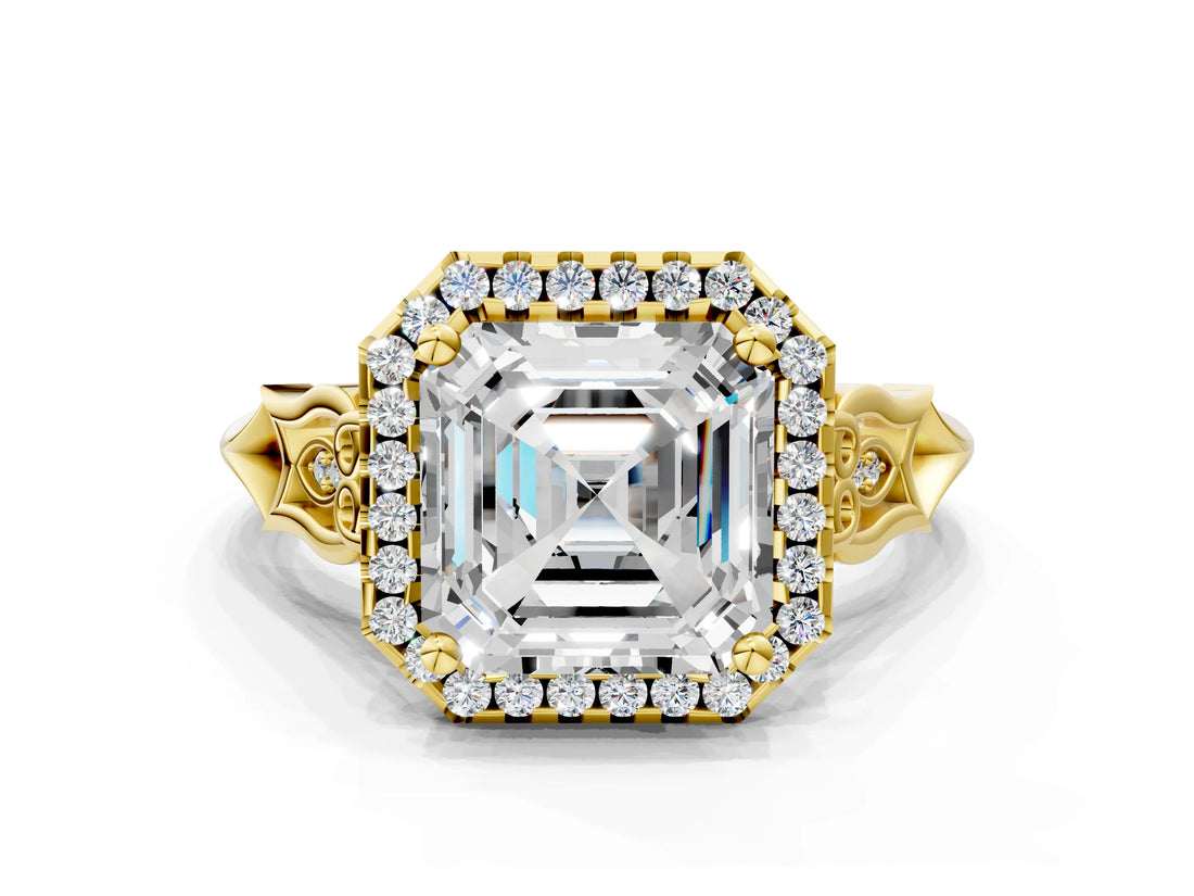 Yellow gold Asscher Halo Diamond Engagement Ring with Filigree Band and Four-Prong Setting_69