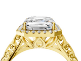 Yellow gold Asscher Halo Diamond Engagement Ring with Intricate Filigree Band and Four-Prong Setting_10