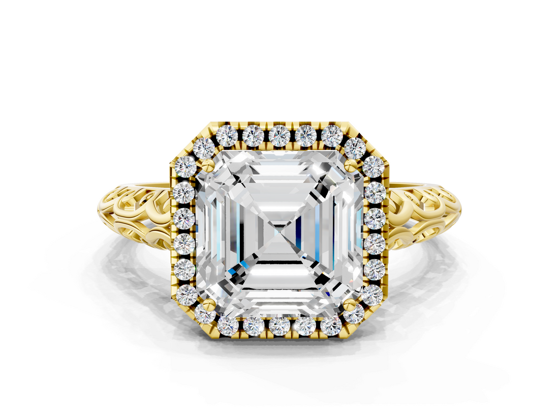 Yellow gold Asscher Halo Diamond Engagement Ring with Intricate Filigree Band and Four-Prong Setting_6