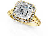 Yellow gold Asscher Halo Diamond Engagement Ring with Intricate Filigree Band and Four-Prong Setting_7