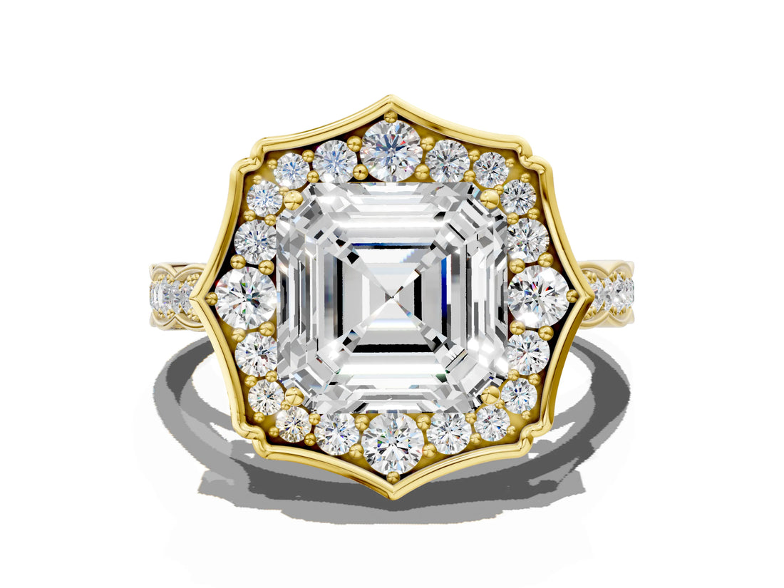 Yellow gold Asscher Halo Diamond Engagement Ring with Milgrain Band and Four-Prong Setting_39