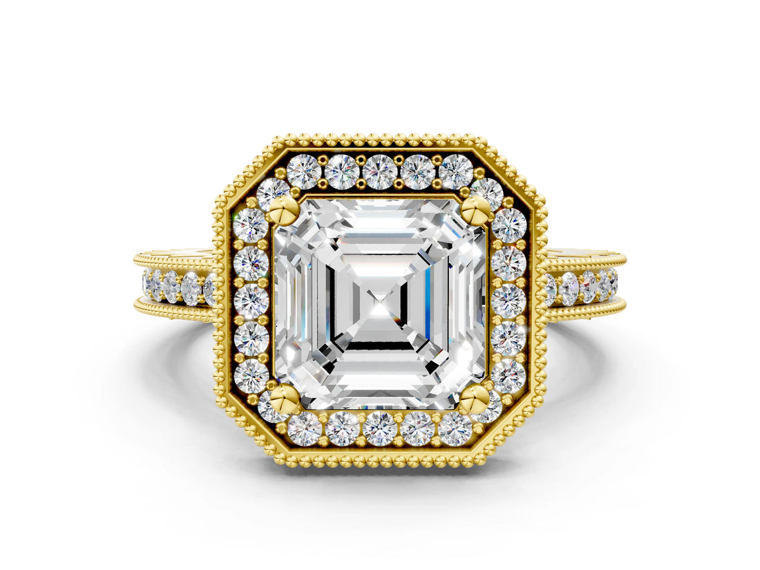 Yellow gold Asscher Halo Diamond Engagement Ring with Milgrain Pave Band and Four-Prong Setting_12