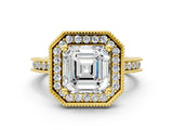 Yellow gold Asscher Halo Diamond Engagement Ring with Milgrain Pave Band and Four-Prong Setting_12