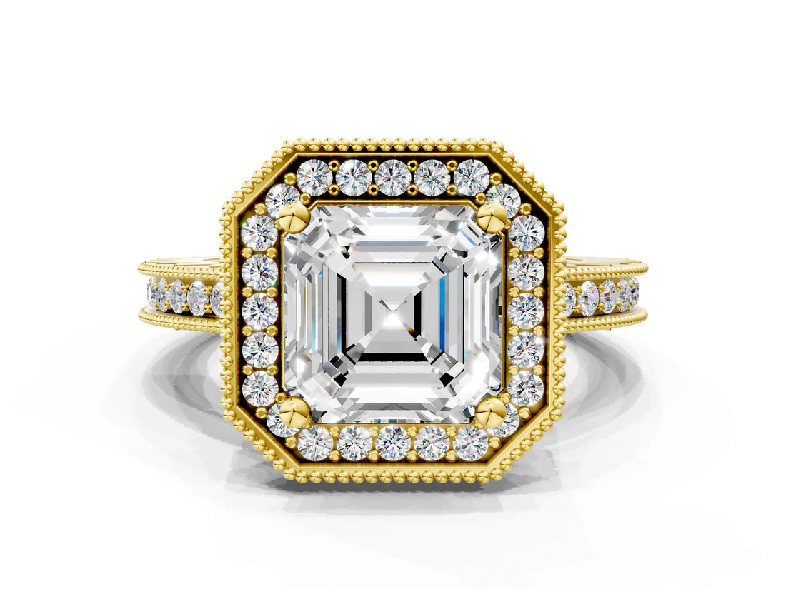 Yellow gold Asscher Halo Diamond Engagement Ring with Milgrain Pave Band and Four-Prong Setting_87