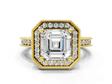 Yellow gold Asscher Halo Diamond Engagement Ring with Milgrain Pave Band and Four-Prong Setting_87