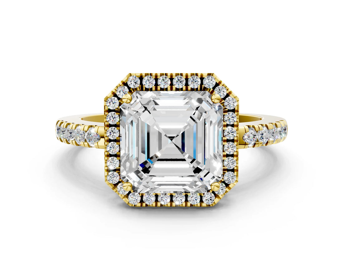 Yellow gold Asscher Halo Diamond Engagement Ring with Pavé Band and Four-Prong Setting_45