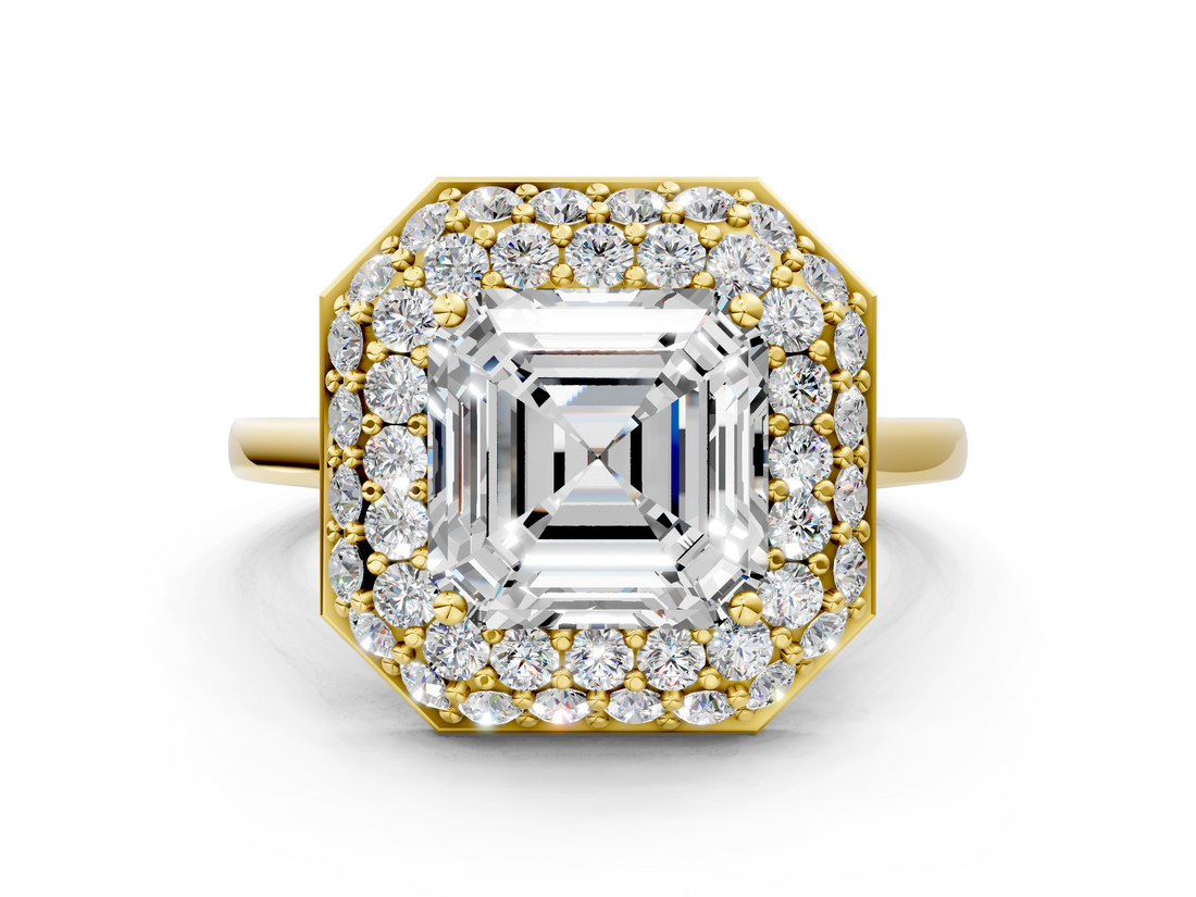 Yellow gold Asscher Halo Diamond Engagement Ring with Solitaire Band and Four-Prong Setting_23
