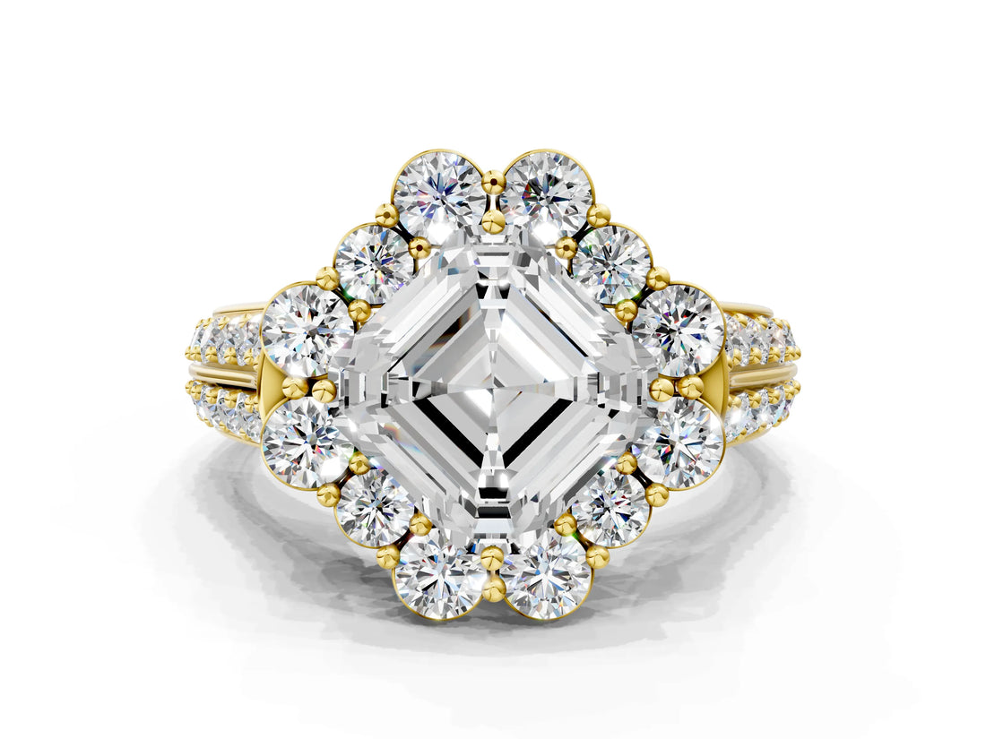 Yellow gold Asscher Halo Diamond Engagement Ring with Split Shank and Prong Setting_51