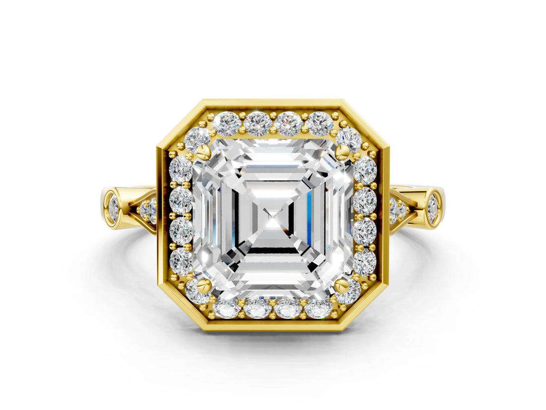 Yellow gold Asscher Halo Diamond Engagement Ring with Twisted Band and Four-Prong Setting 2