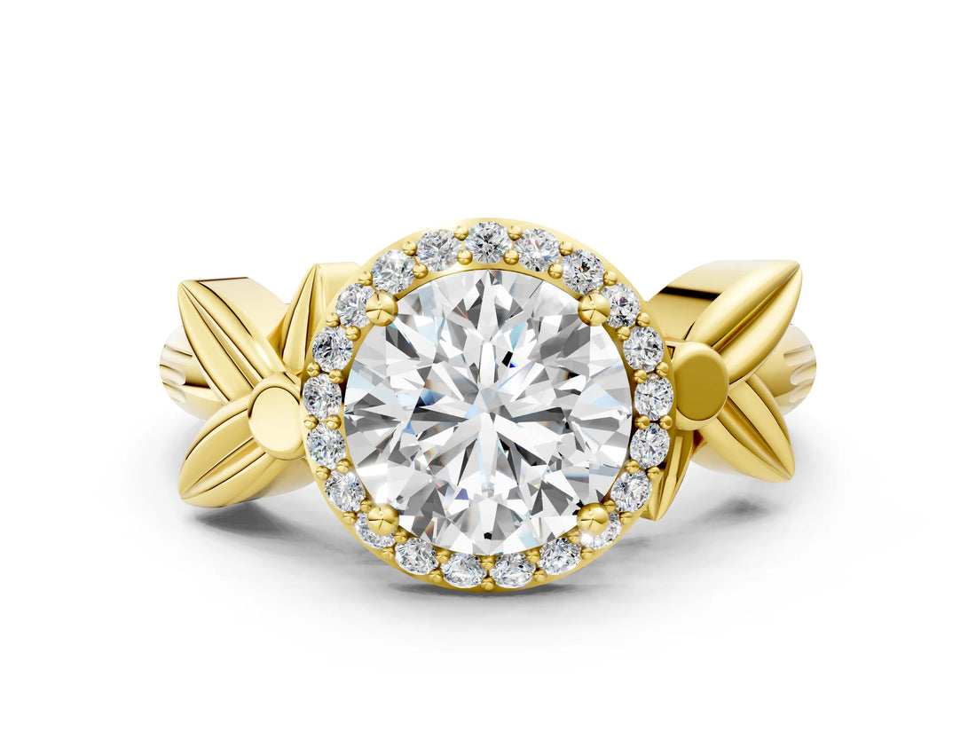 Yellow gold Asscher Halo Diamond Floral Band with Four-Prong Setting_41