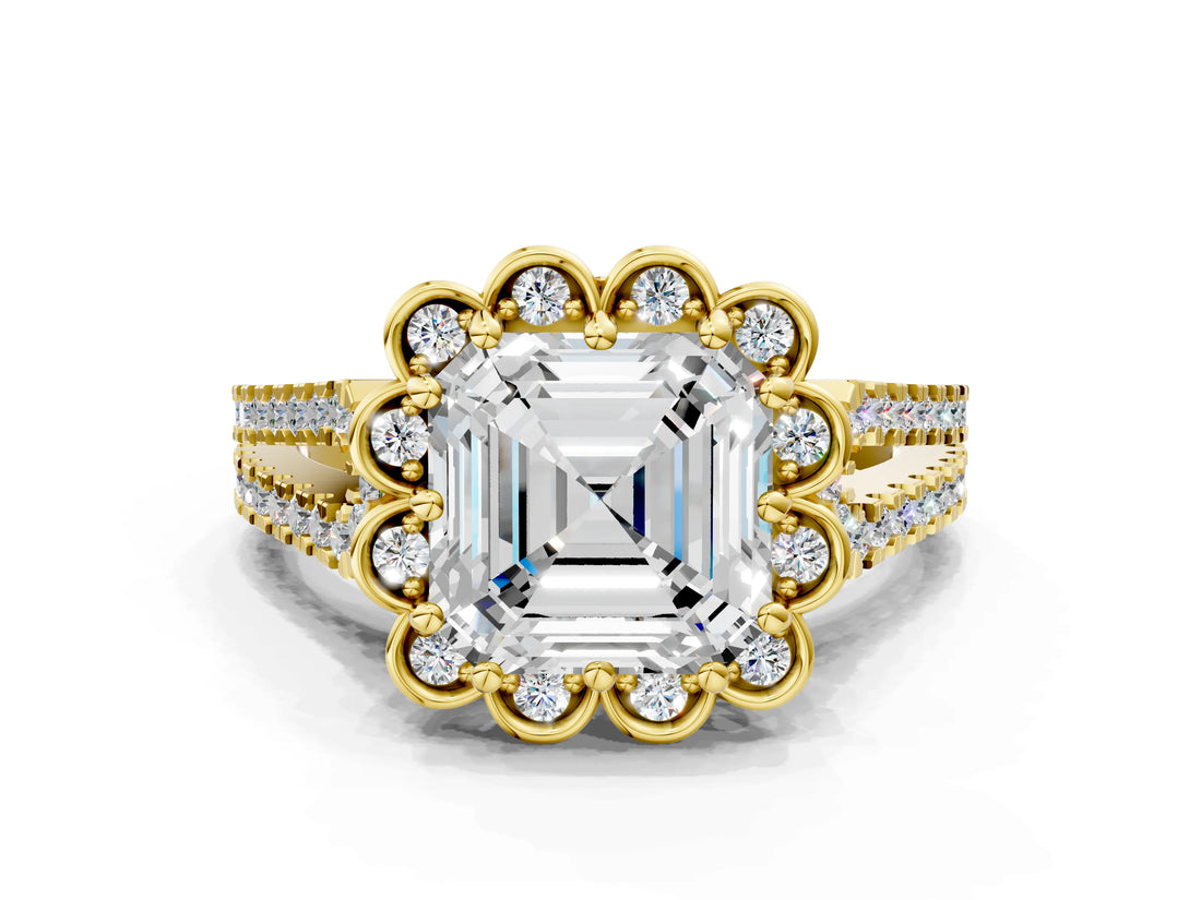 Yellow gold Asscher Halo Diamond Floral Split Shank Engagement Ring 1