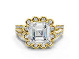 Yellow gold Asscher Halo Diamond Floral Split Shank Engagement Ring 1