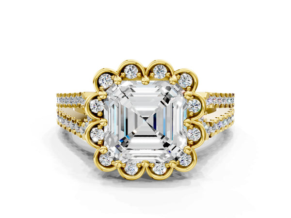 Yellow gold Asscher Halo Diamond Floral Split Shank Engagement Ring