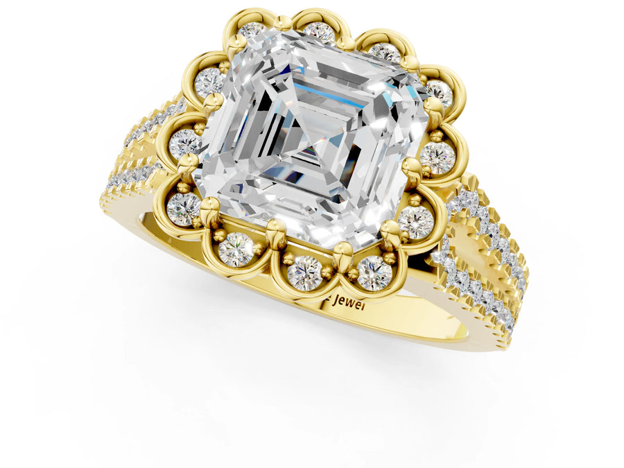 Yellow gold Asscher Halo Diamond Floral Split Shank Engagement Ring