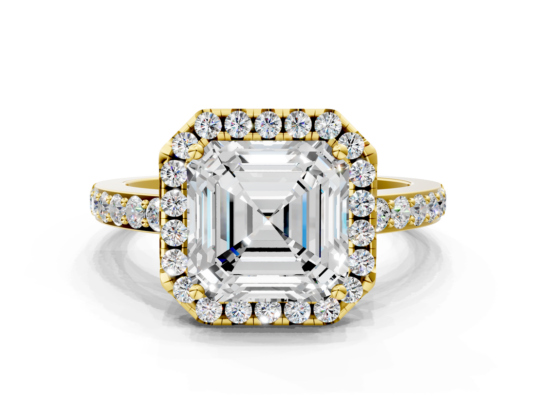 Yellow gold Asscher Halo Diamond Pavé Band Ring with Prong Setting_23