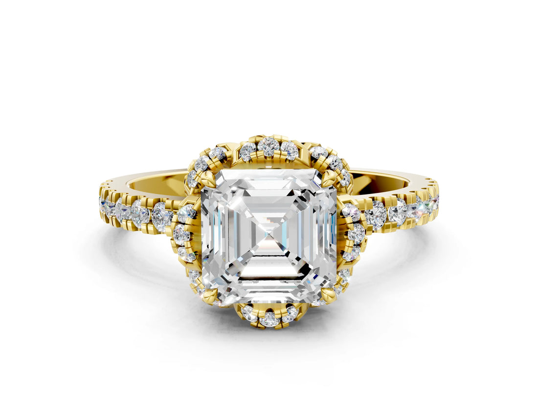 Yellow gold Asscher Halo Diamond Pave Band Ring with Four-Prong Setting_15
