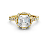 Yellow gold Asscher Halo Diamond Pave Band Ring with Four-Prong Setting_15